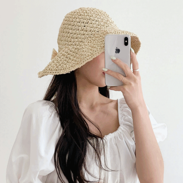 [무배] 밀짚 트임 리본 매듭 라탄 모자 2color