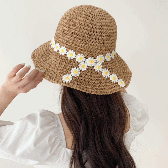 [무배]﻿ 데이지 라탄 셔링 밀짚 모자 2color