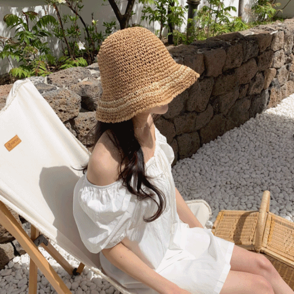 [핏예쁨/MD소장!] 라운드 투라인 배색 라탄 밀짚 버킷햇 여름 벙거지 모자 3color