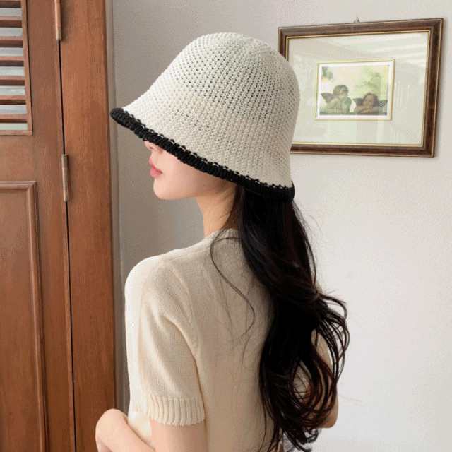 [MD추천!] 뉴트 배색 여름 니트 라탄 버킷햇 벙거지 모자 4color
