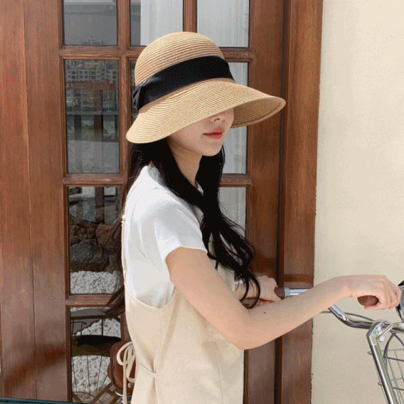[고퀄리티] 백커넥 리본 밀짚 라탄 보넷 넓은챙 여름 라피아 모자 2color