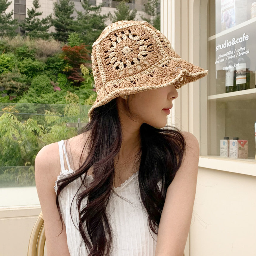 썬플라워 라탄 배색 밀짚 바캉스 버킷햇 벙거지 여름 모자 3color