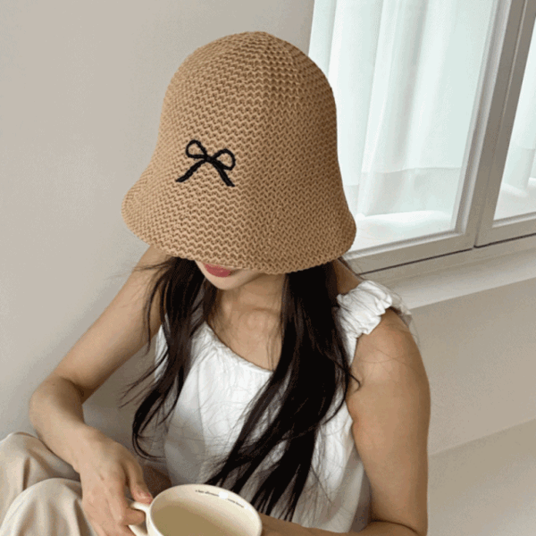 써머 블랙 리본 자수 여름 벙거지 모자 3color